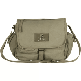 Retro Messenger Bag With Skull Emblem - Olive Drab